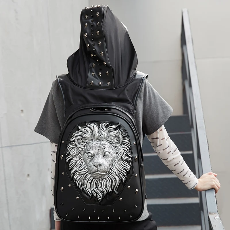 

Man 3D Embossed Lion Punk Rock Gothic Leather Backpack Rivets Laptop Travel Soft Backpack With Hood Cap Women Grils Bag Hiphop