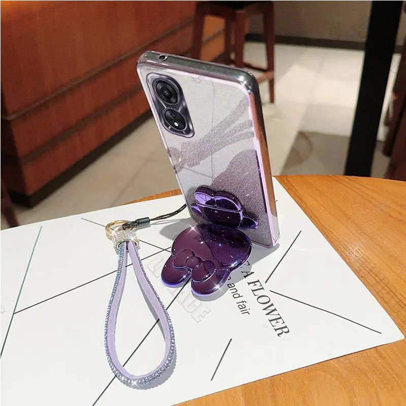 Diamond Strap Mirror Rabbit Holder Case per Oppo A96 A97 A95 A94 A93S A92S A91 A83 A78 A74 A72 A58 A58X A57 A55 A54 Stand Cover