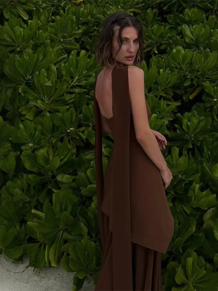 

Brown Backless Lace-up Asymmetrical Pleated Sexy Slim-fit Elegant Long Dress Summer Women's Attire Birthday Party