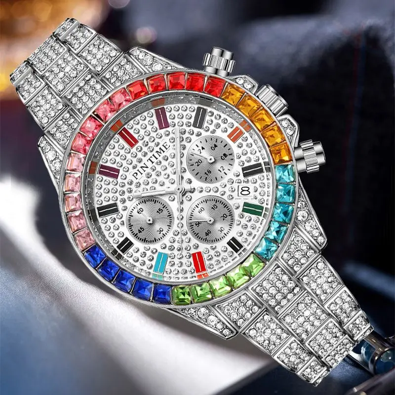 New Luxury PINTIME Brand Men Quartz Wristwatch Colored Crystal Diamond Iced Out 30m Waterproof Luminous Chronograph Popular Item