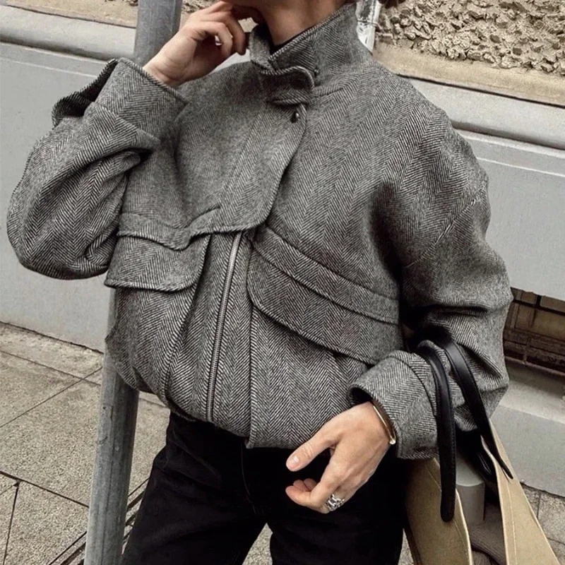 Women's Jackets Autumn 2025 Grey Zipper Outwear Ladies Solid Loose Patchwork High Waist Short Top Coat Streetwear Y2k Jackets