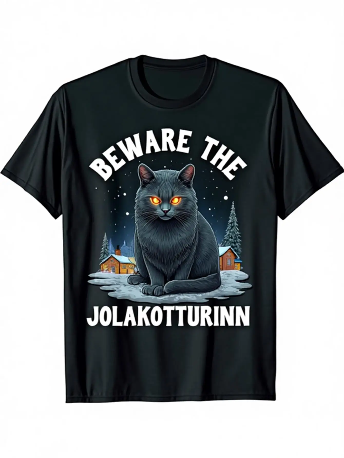

T-Shirt with a Black Cat and Snow Scene Design by Jolakoturinn, Soft and Breathable Cotton Shirt Suitable for Cosplay Parties and Casual Wear, Horror Gift for Cat Lovers
