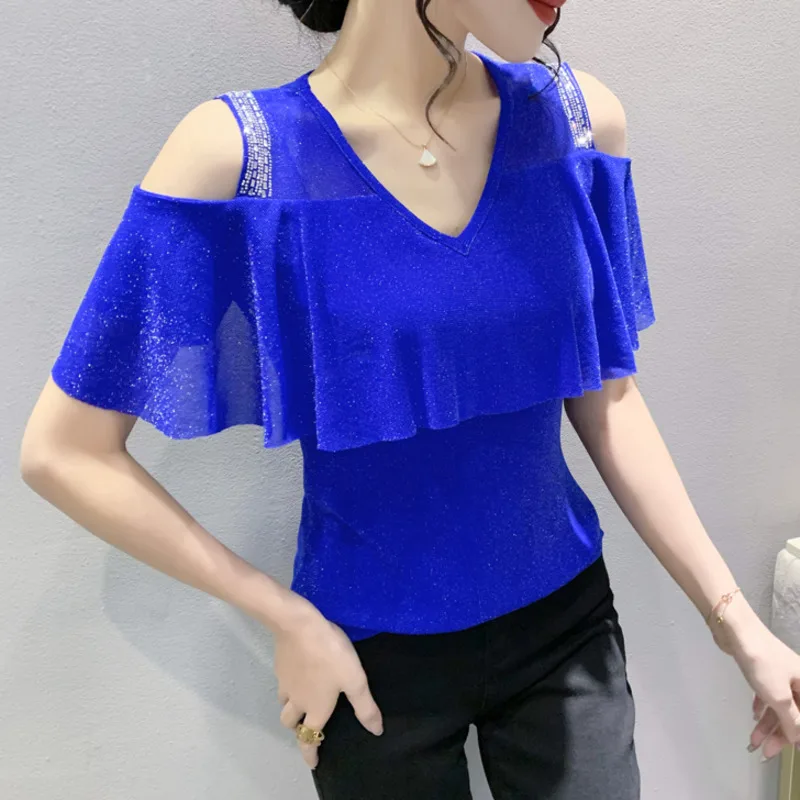 #5357 Black Blue Mesh Tshirt Ruffles Off spalla T Shirt donna diamanti Sexy sottile Skinny Tshirt femminile estate Top Femme scollo a v