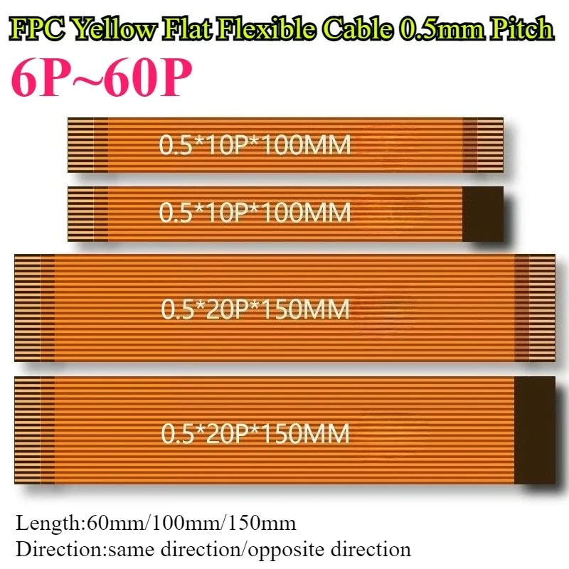 2Pcs/lot 0.5mm Pitch FPC FFC Flat Flexible Cable 6P/8P/10P/12P/14P/16P/20P/24P/26P/28P/30P/32P/40P/50P/60P Gold Finger Contact