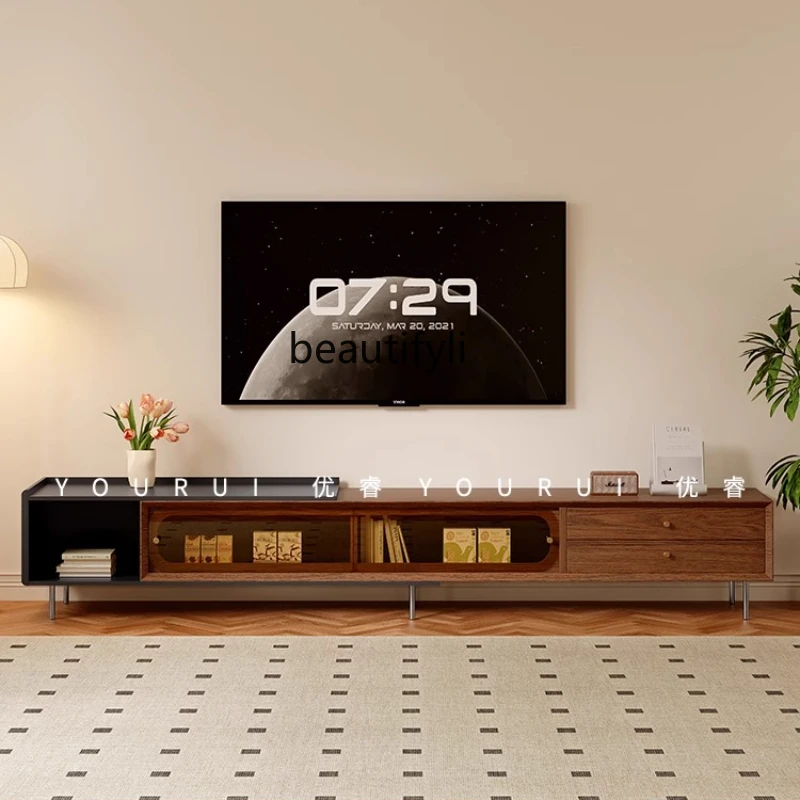 

Retro style solid wood TV cabinet retractable living room modern simple Bauhaus tall cabinet