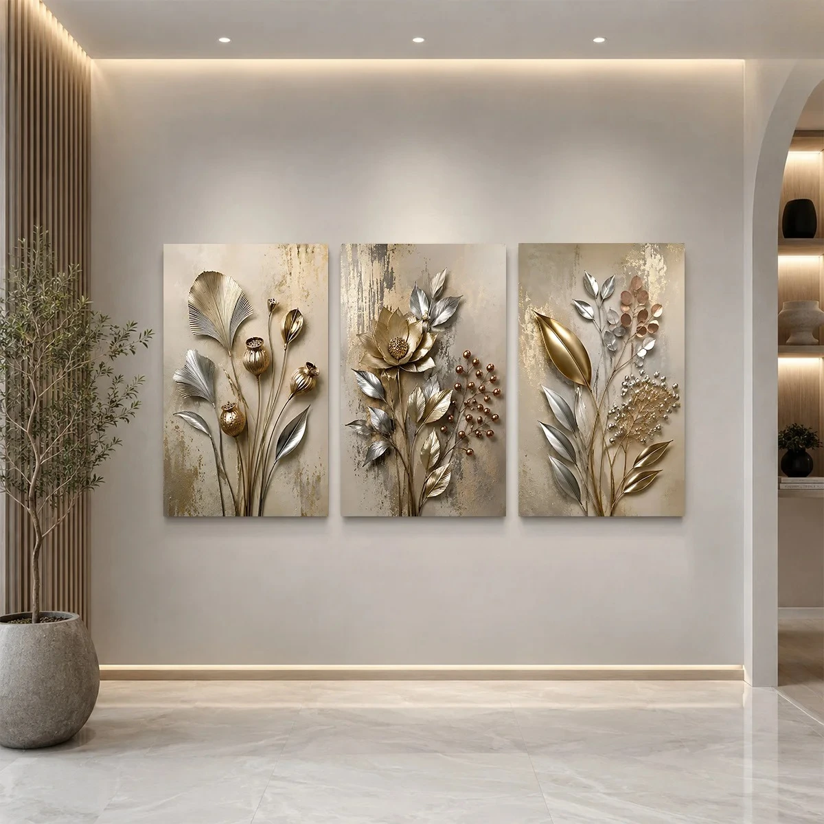Frameless canvas 2D Flat 3pc  Wall Art – Three panels with gold and silver floral patterns on textured beige backgrounds. per