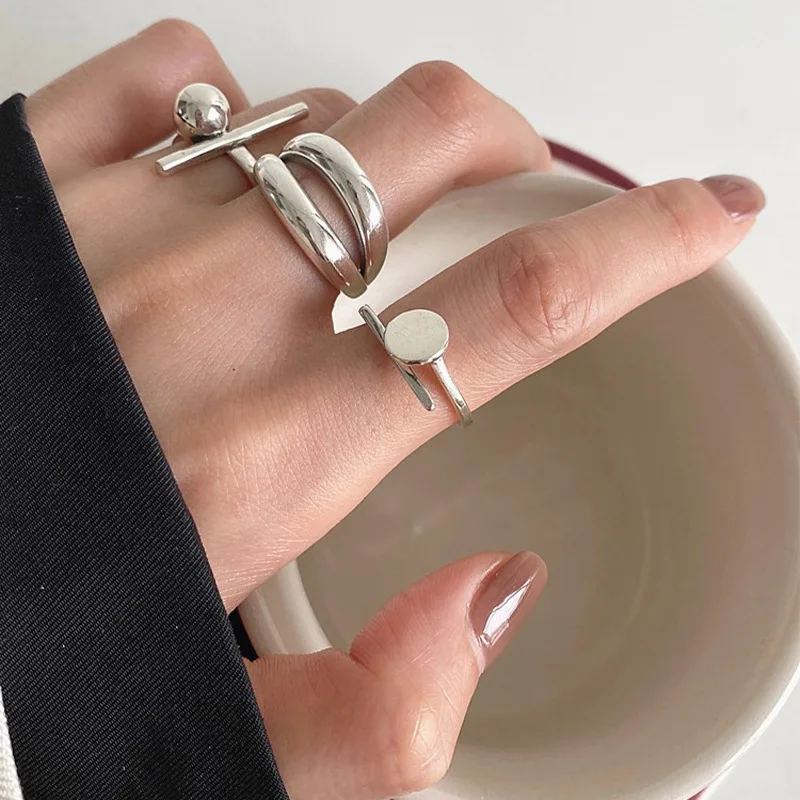 PANJBJ 925 Sterling Silver Line Rings Punk Vintage Charm Double Layer Geometric Nail Design New Party Accessories Gift Dropship