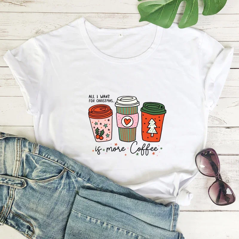 T Shirt Colored All I Want for Christmas Is More Coffee Retro Women  Crop Top  Fashion Casual  Short Sleeve  Breathable  Tee