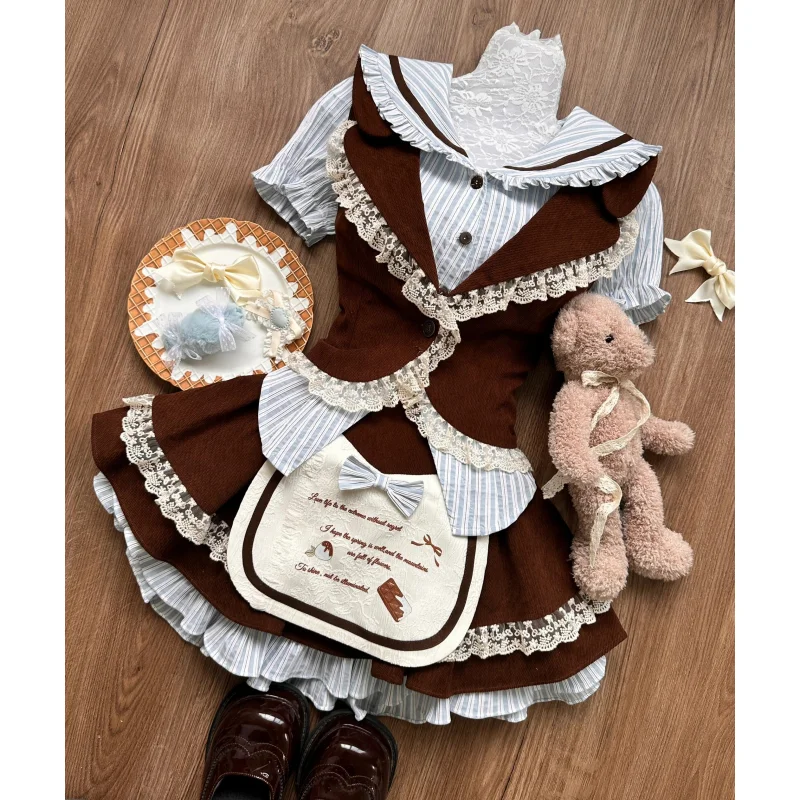 Lace Ruffle Edge Vest + Cute Bow Contrast Color Short Sleeved Shirt + High Waisted Lace Cake Skirt 3 Pcs Sets Sweet Y2k Suits