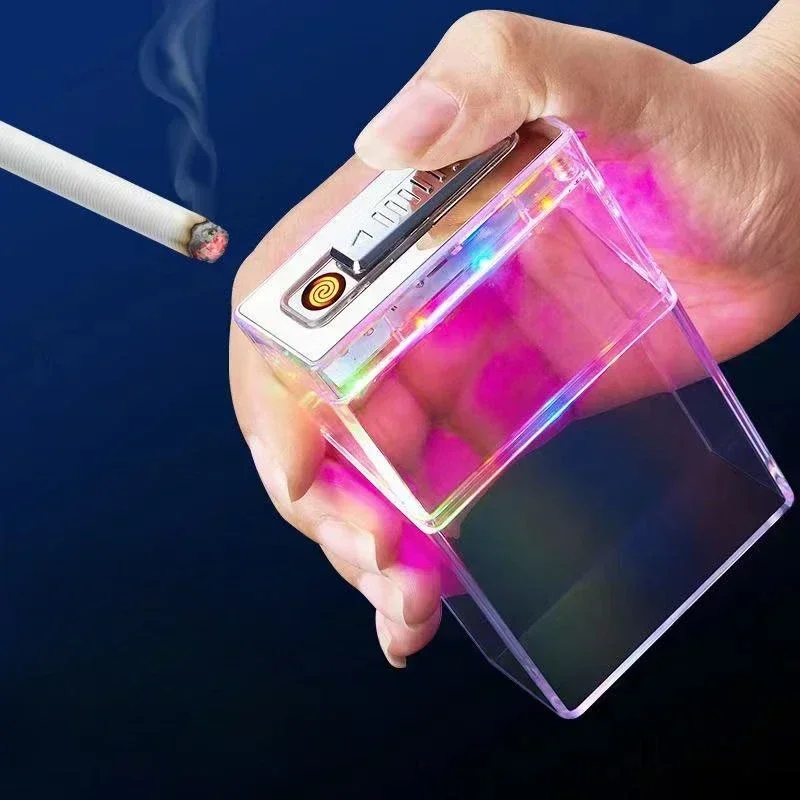 Transparent LED Lantern Cigarette Case USB Cigarette Lighter Thick Smoke Whole Pack Cigarette Case Sealed and Moisture-proof