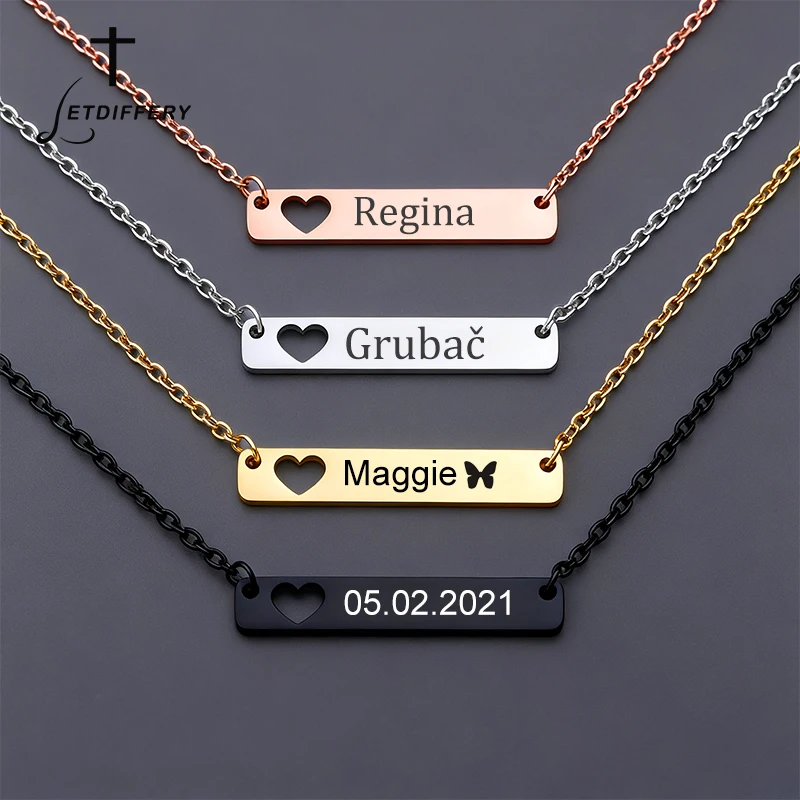 

Letdiffery ожерелье в форме сердца с гравировкой имени для женщин из нержавеющей стали, персонализированный дата, текст, логотип, прямоугольная подвеска, ювелирные изделия
