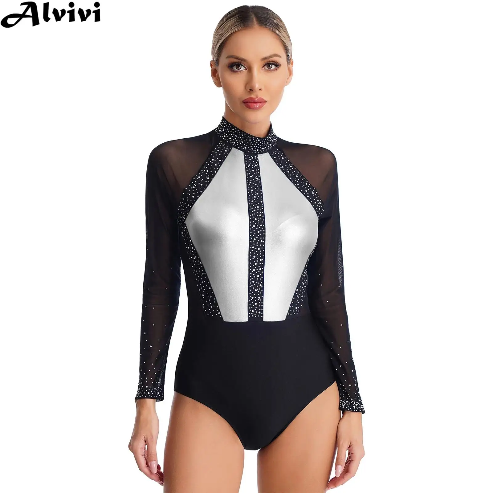 Women Long Sleeve Rhinestone Mesh Figure Skating Leotard Ballet Dance Rhythmic Gymnastics Acrobatics Yoga Performance Bodysuit