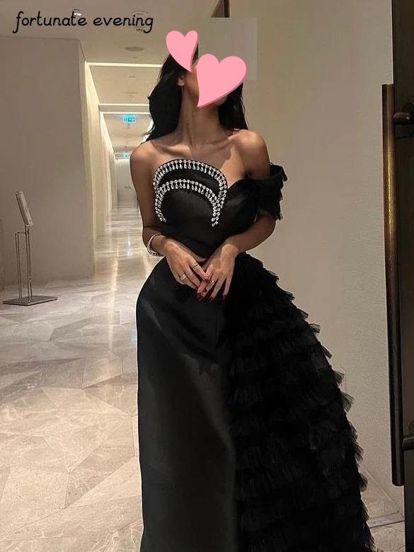 

Fortunate Evening Elegant Vintage Black Sexy Beading Lace Ruffle Strapless Formal Occasion Prom Dress Evening Party Gowns
