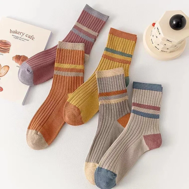 Soild Color Stripe Socks Women Girls Multicolored Cotton Ins Tide Middle Tube Warm Socks Female Vintage Autumn Winter Sox Sock