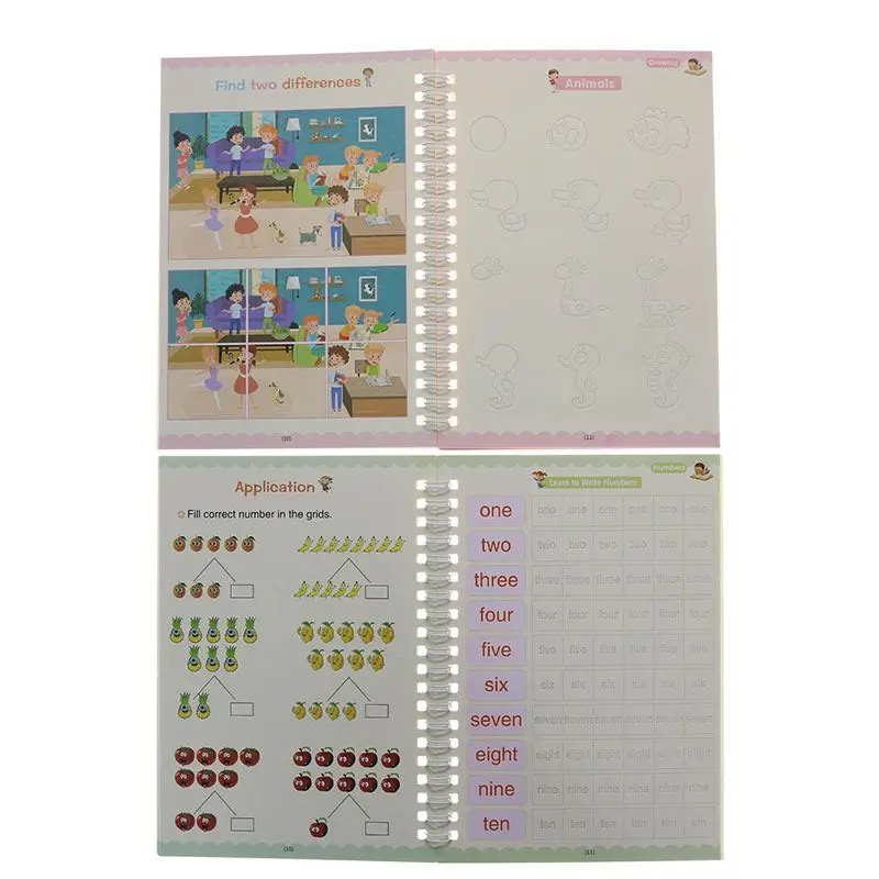 (4 Books and Pens/1 Set) Magic Copybooks Children's Writing Reusable Erasing-Free English Math Drawing Practice Copybooks
