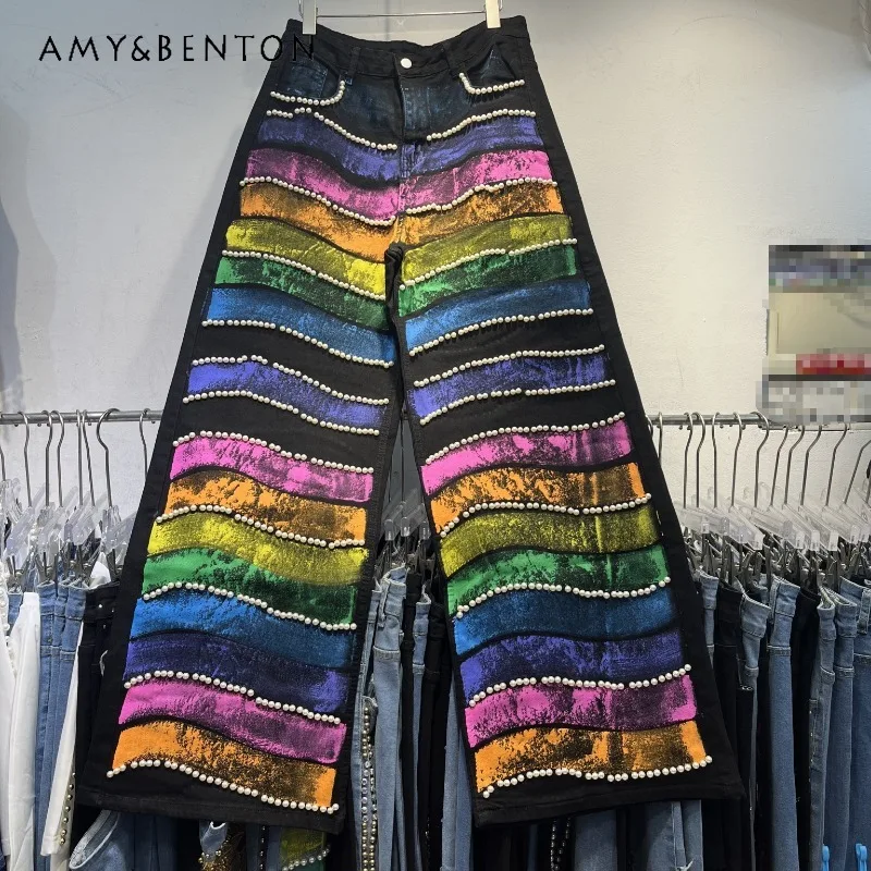 

American Style Y2k Slacks Heavy Industry Bead Hand Painted Rainbow Jeans Fashion Versatile Wide Leg Denim Pants Women's Clothing
