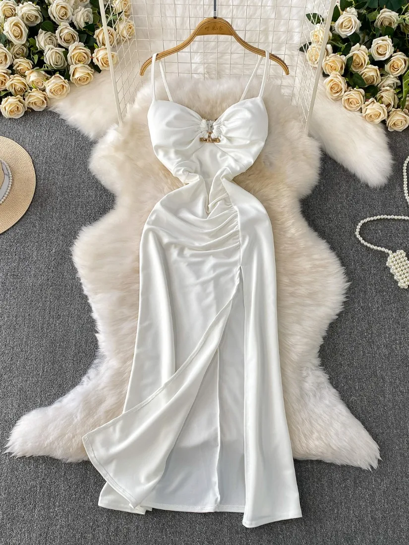 Foamlina Vestido largo de satén con abertura para mujer, vestido veraniego con tiras para mujer, fiesta de vacaciones, elegante, Sexy, con cuello en V, sin espalda, blanco acolchado