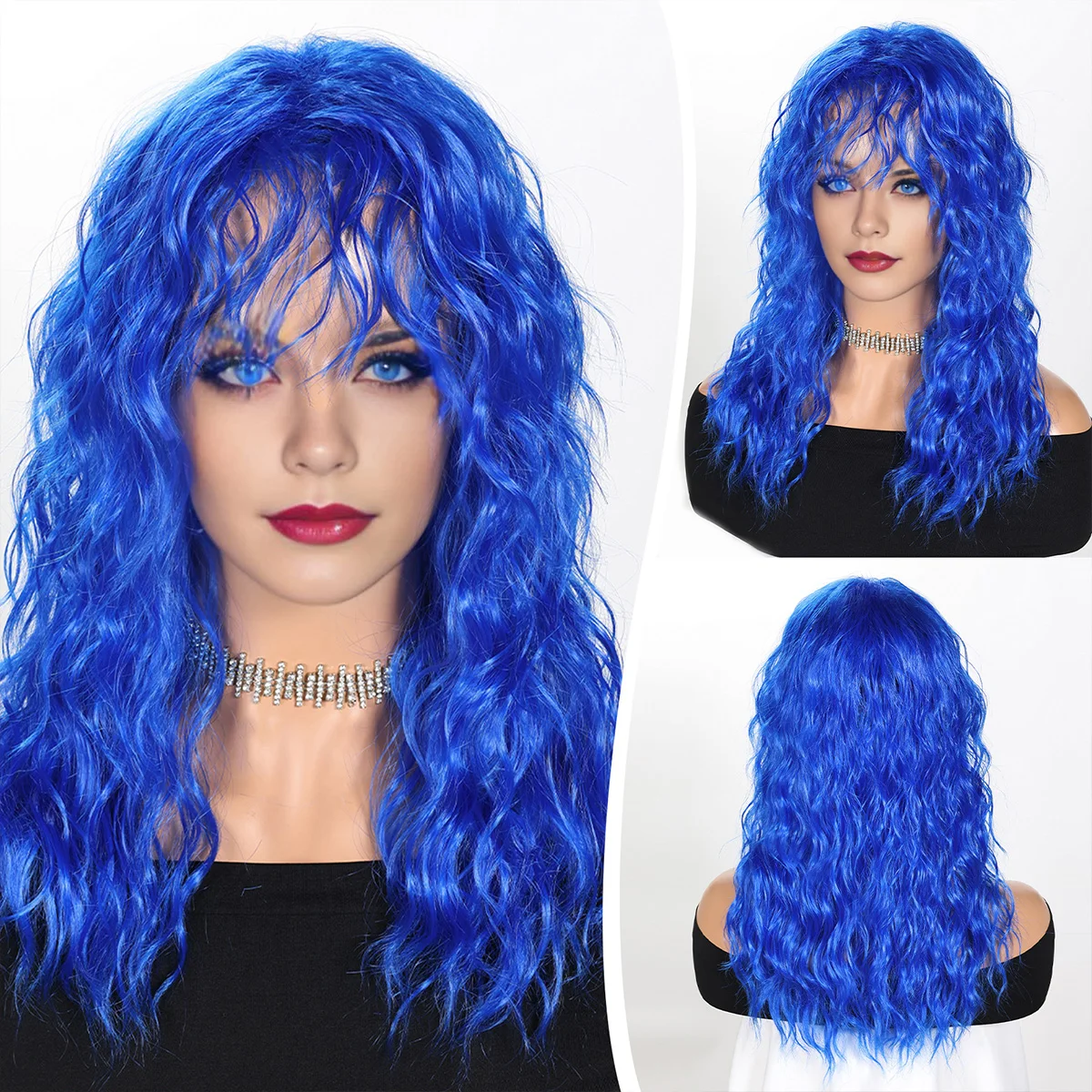 

BCHR длинные синие парики с челкой длинные вьющиеся синтетические парики для женщин повседневный Косплей Костюм для вечеринки Хэллоуин (синий 20 дюймов)