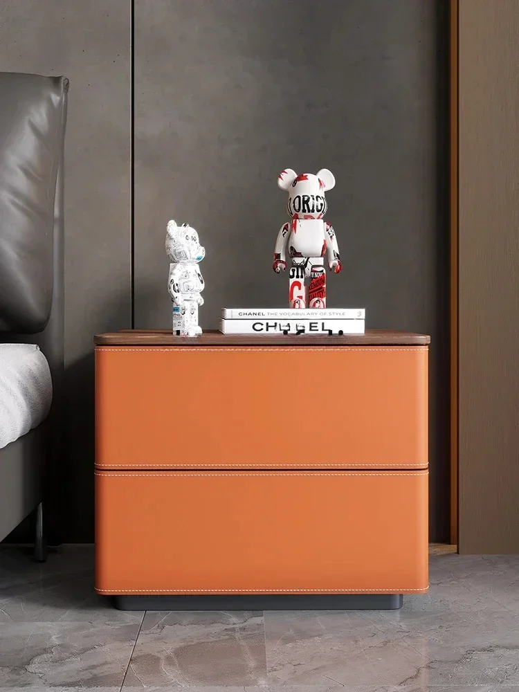 Light luxury saddle leather bedside table household small apartment high-end solid wood storage side cabinet