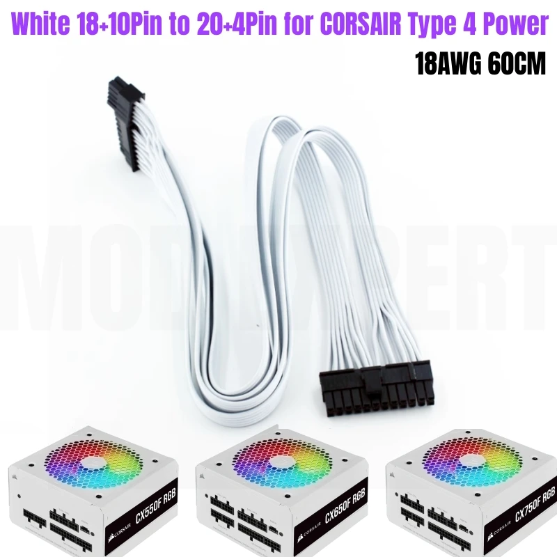 White 18+10Pin to 24Pin ATX Motherboard Power Cable 18AWG 60CM for CORSAIR CX550F CX650F CX750F RGB Type 4 Modular Power Supply