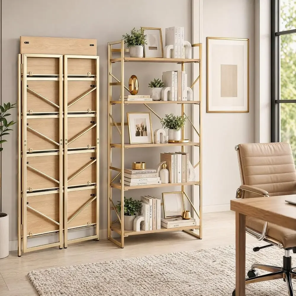 2-in-1 Convertible Bookshelf, 5-Tier Plant Stand Storage Rack for Home Office, Easy Assembly, Gold & Natural Wood