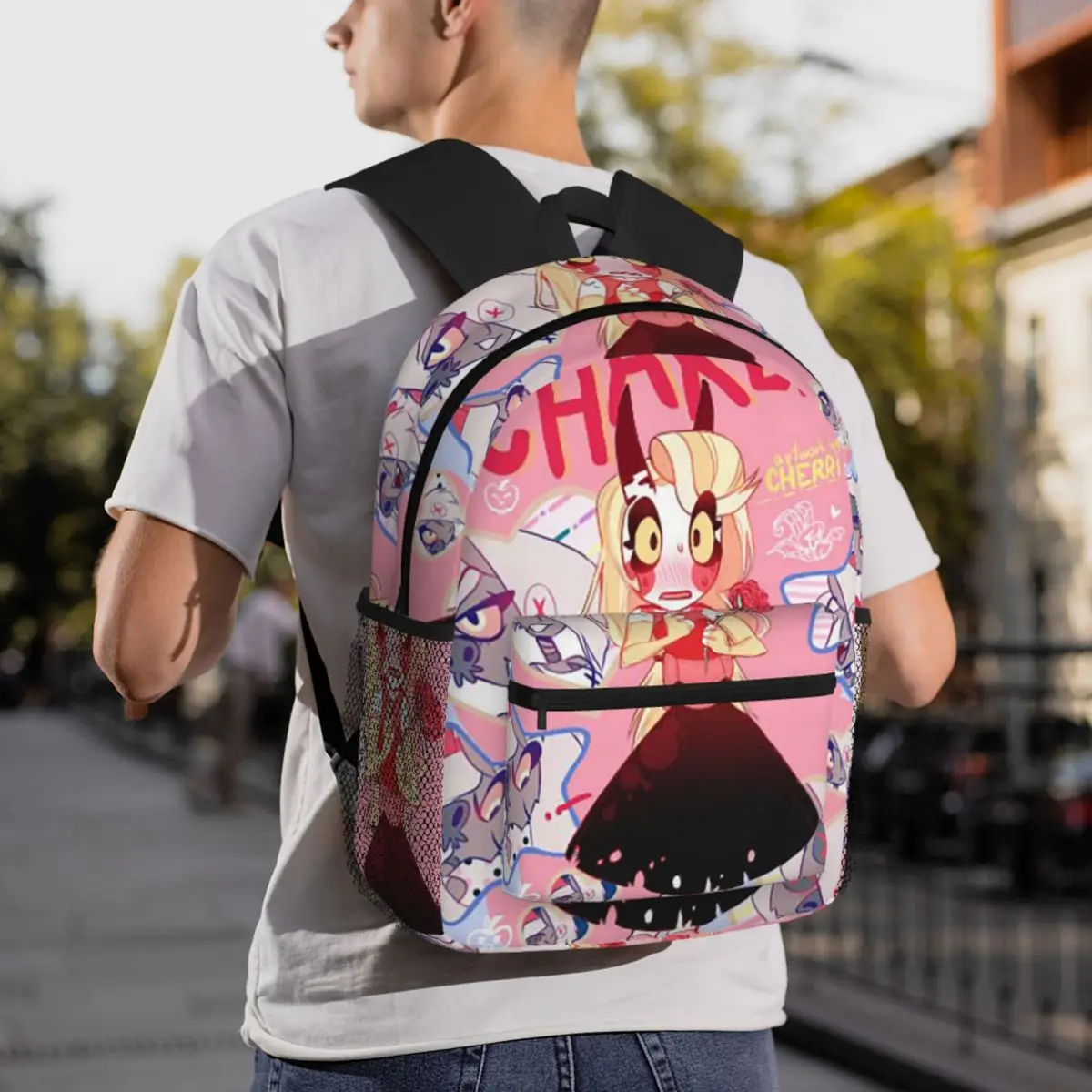 Charlie And Vaggie Valentines Hazbin Student Backpack School Bag Hiking Daypack for Boys Girls Fashion Bookbag Shoulder Bags