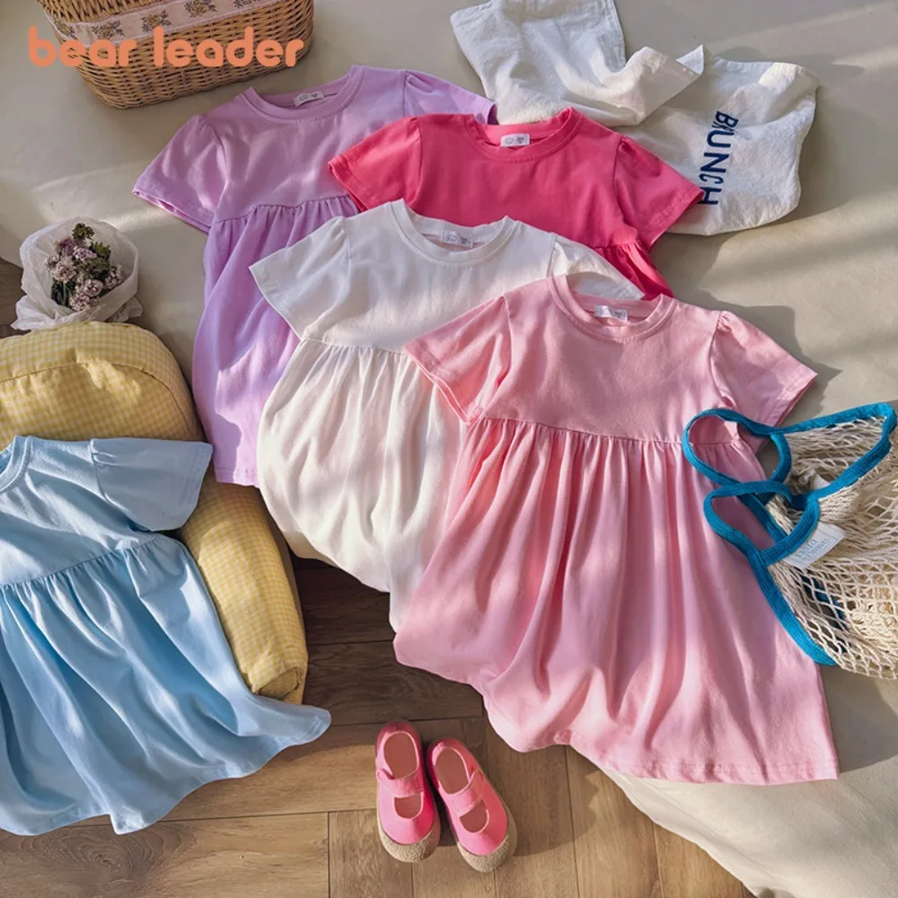 

Летнее однотонное базовое простое повседневное платье с короткими рукавами для девочек Bear Leader, корейская версия, повседневные однотонные детские платья