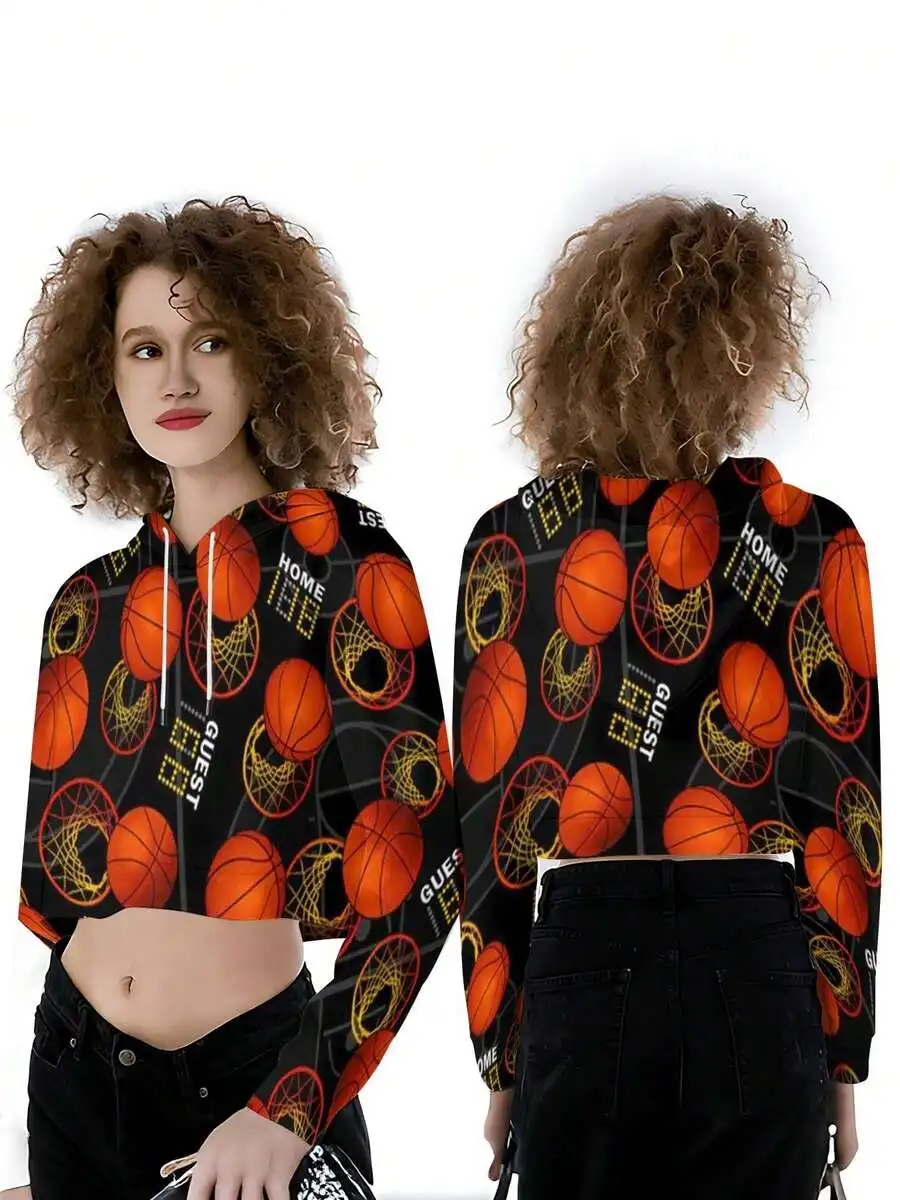 

Womens Cropped Hooded Sweatshirt Basketball Print Orange Black Casual Top