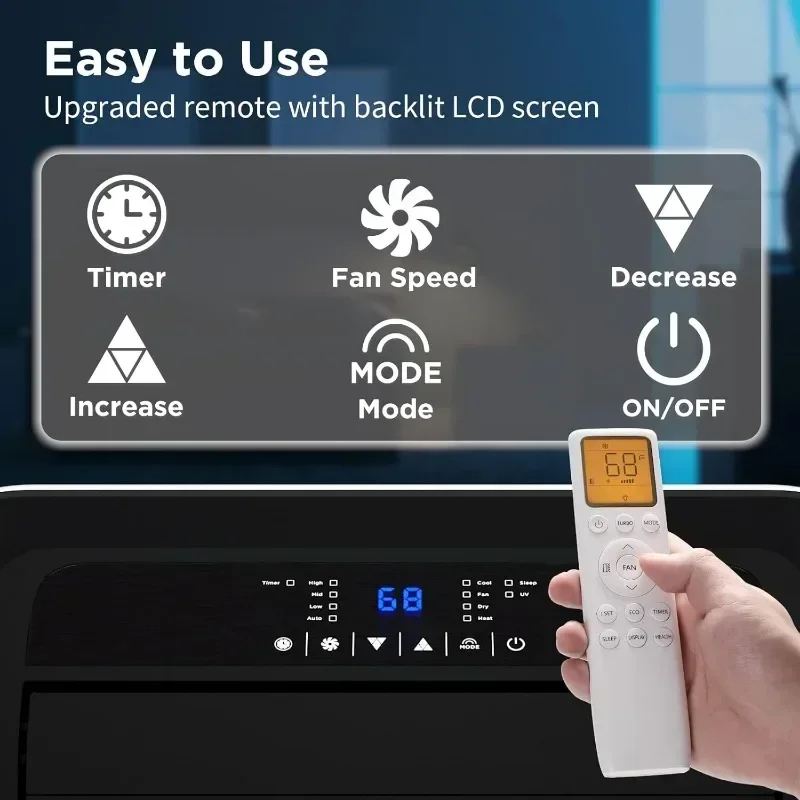 Ar condicionado e aquecedor portátil, desumidificador e ventilador, unidade AC de chão Modo de suspensão, temporizador, controle remoto incluído