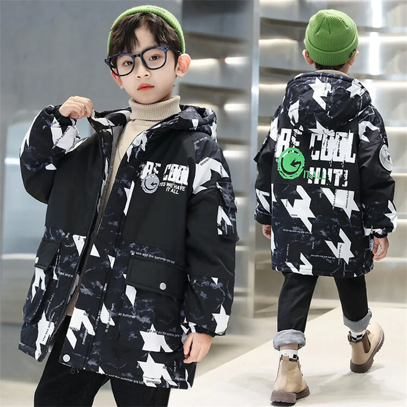 Boys Coat Jacket Cotton Outerwear Windbreak 2023 Hooded Thicken Velvet Winter Warm Teenagers Children\'s Clothing