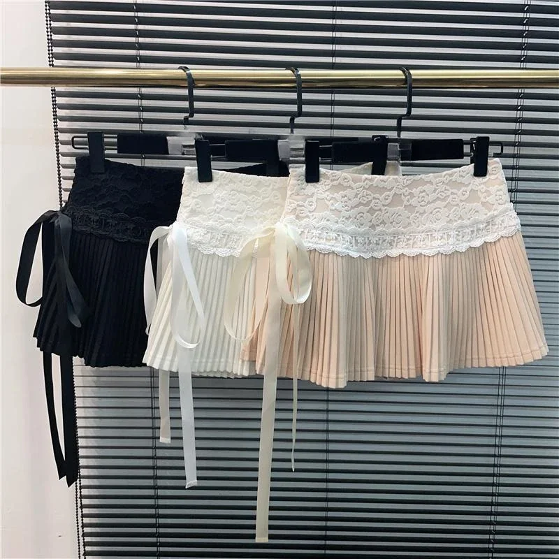 Letnie plisowane spódnice dla kobiet Koronkowy patchwork Jupe 2025 Faldas Mujer De Moda Cute Saia Y2k Estetyczna bandażowa kokardka Mini spódniczka