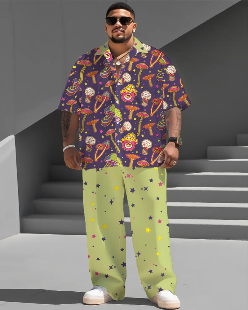 

S-9XL Мужская рубашка больших размеров с короткими рукавами и брюками с принтом грибов и звезд, комплект из 2 предметов, химерный свободный крой, лето