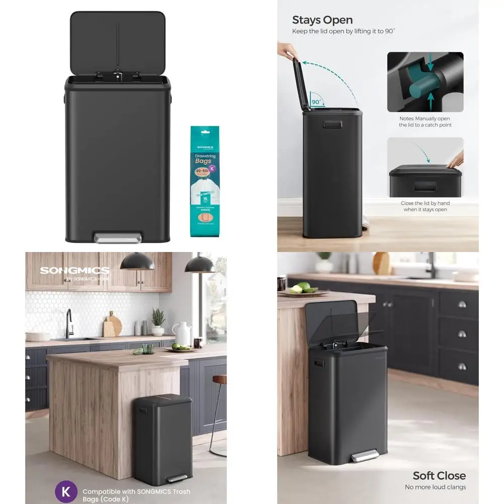 

10.5 Gallon Large Capacity Kitchen Trash Can with Soft Close Lid and Wide Pedal, Stays Open for Easy Use, Black Garbage Bin
