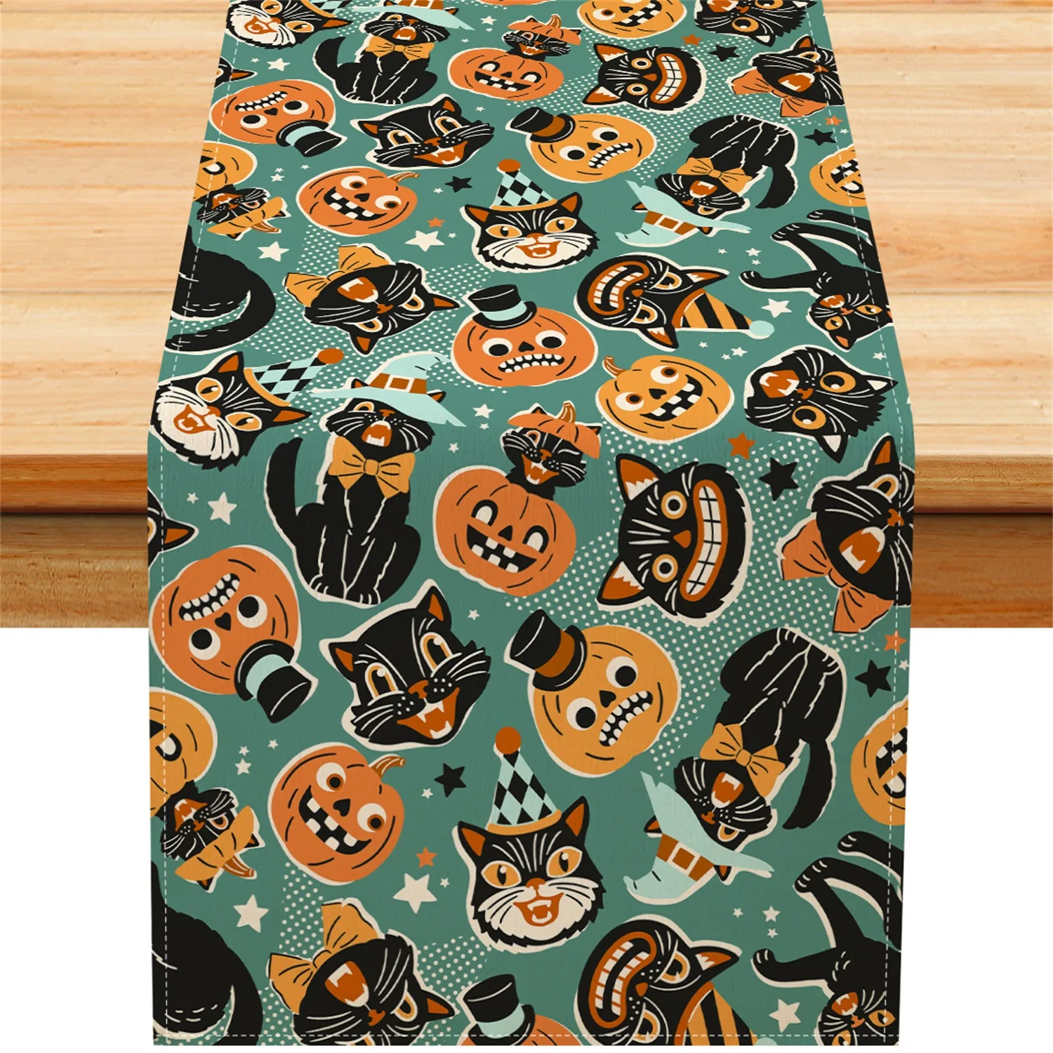 Vintage Halloween Table Runner, Retro Black Cat Jack O Lantern Print, Teal Background Holiday Dining Table Decor