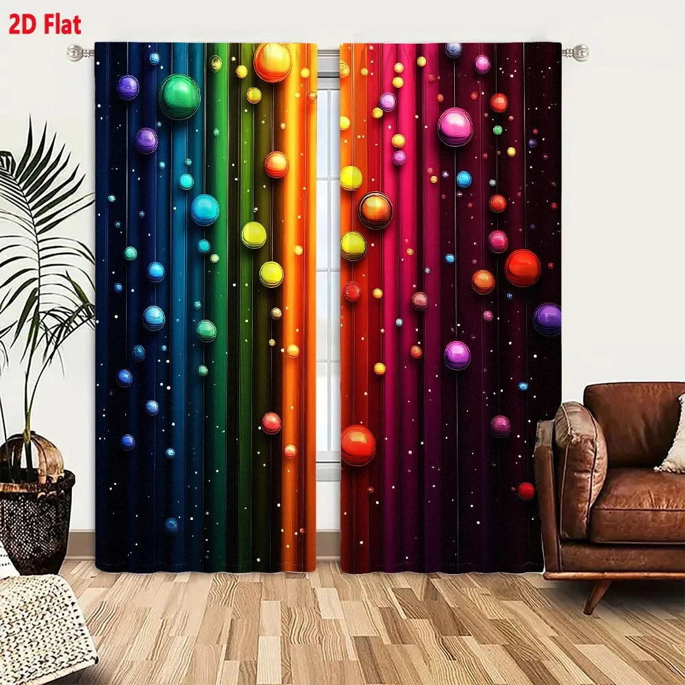 2Pcs Curtains 2D Flat Vibrant Abstract Composition With Glossy Spherical Orbs In Vertical Columns And Colorful Spectrum Backgrou