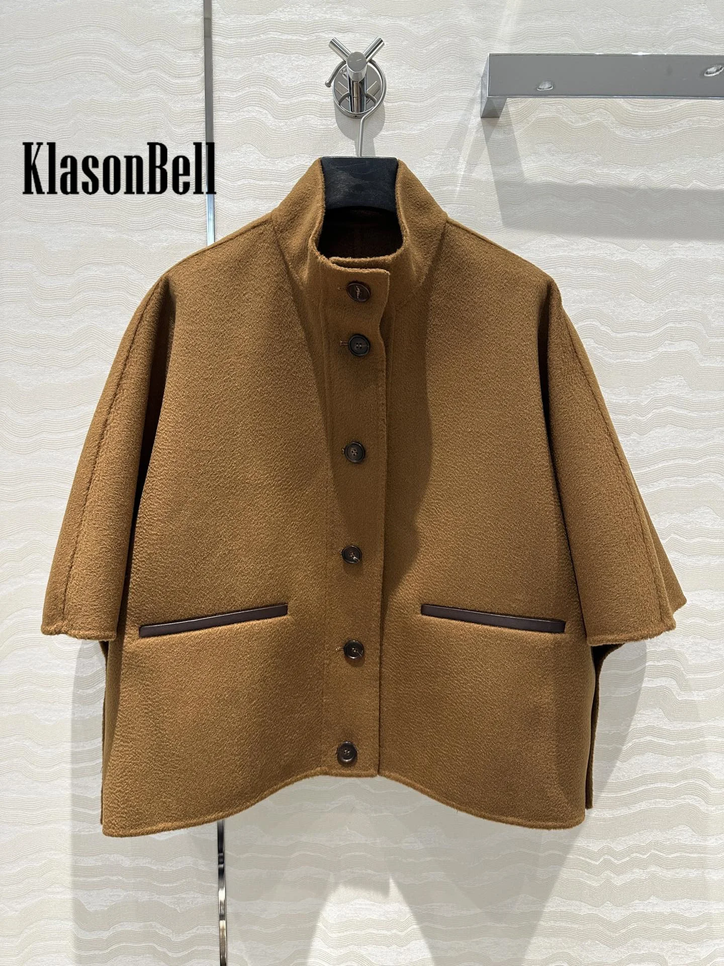 8.11 KlasonBell Women\'s Temperament Cashmere Wool Cloak Jacket Contrast Color Pocket Stand Collar Button Short Sleeve Coat