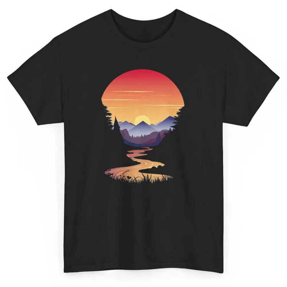 Mountains Sun Nature T-shirt - Vintage Outdoor Sunset Graphic Tee For Men Clothing Women Short Sleeve Tees 100%Cotton