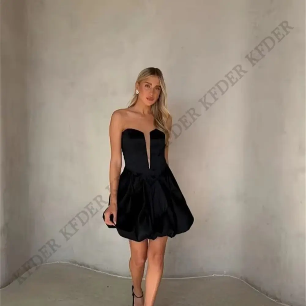 Elegant Black Short Wedding Party Dresses Sexy Women Strapless Pleat Satin Special Occasion Mini Prom Dresses Customized