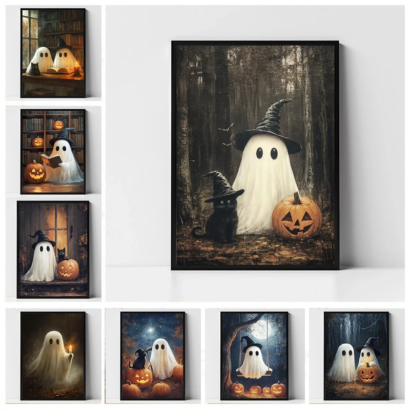 Cute Ghost Black Cat in The Dark Forest Canvas Print Ghost Swing Jack-o-lantern Halloween Wall Art Poster Living Room Home Decor