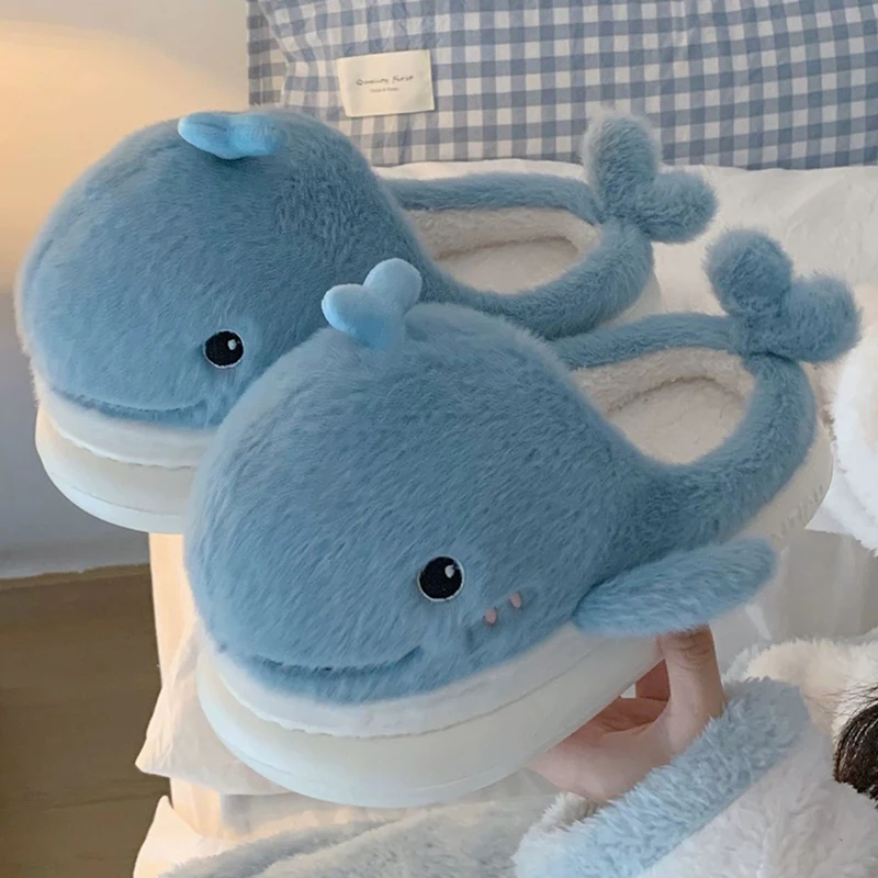 Creative Cartoon Plush Whale Slippers Female Fall Winter Home Indoor Casual Warm Soft Sole Cotton Slides Postpartum Monthly Shoe