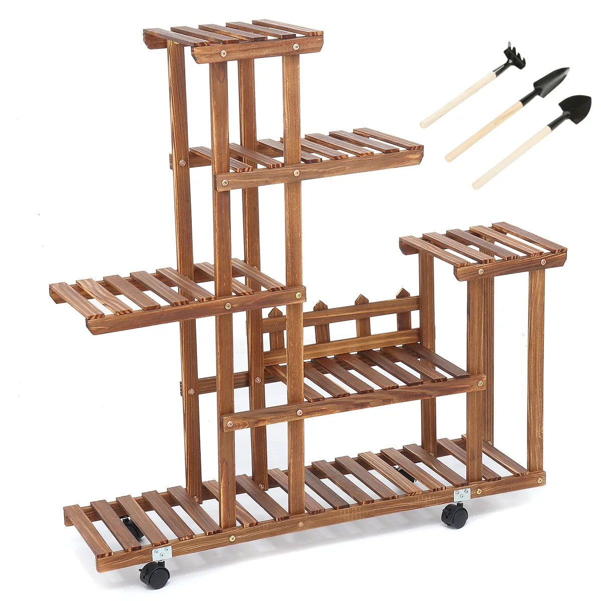 6ชั้นไม้ยืน Rack หลายดอกไม้ผู้ถือหม้อพืชสวนชั้นวางลานระเบียงดอกไม้ประณีตยืน