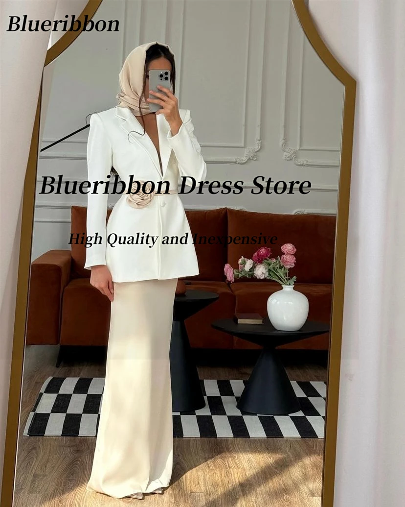 Blueribbon Two Pieces Evening Dresses 2024 Lapel V Neck Buttons Formal Occsion Dress Long Sleeves Prom Party Gowns