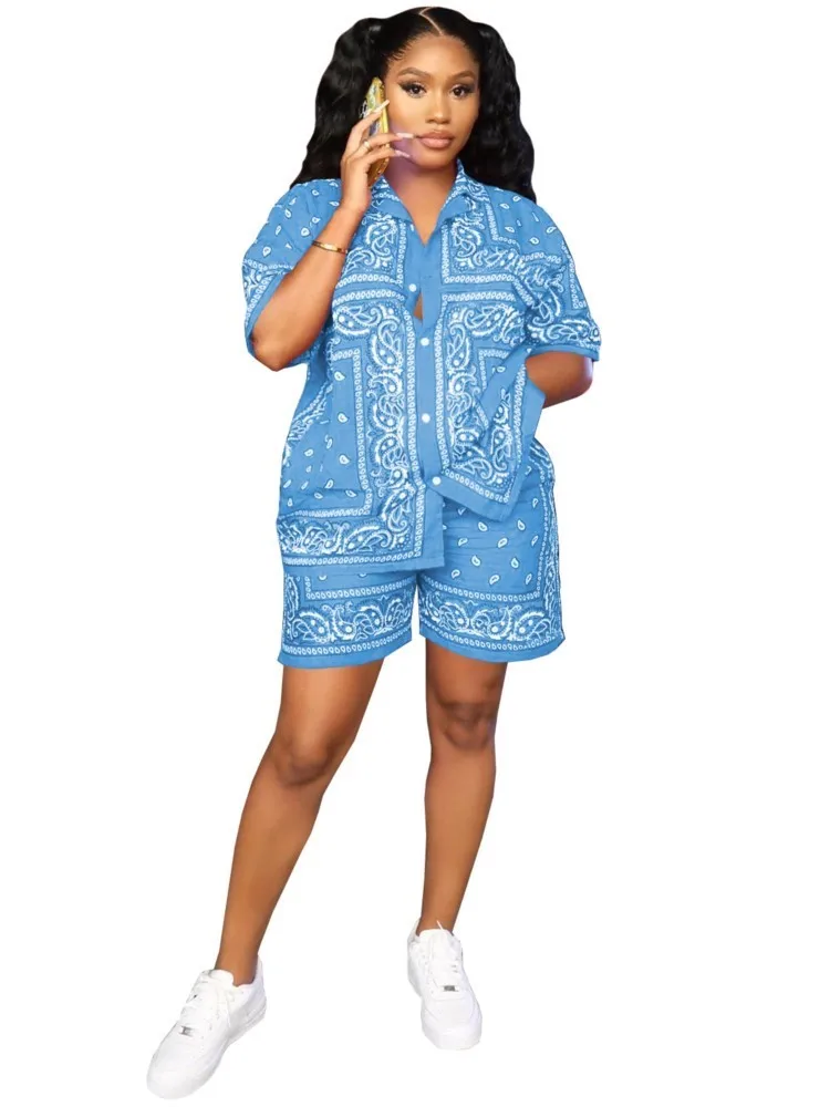 

Woman Set Casual Geometric Blouse Holiday Loose Shorts Short Sets Woman 2 Piece Set Outfit Summer Fashion Cardigan Suit 2025