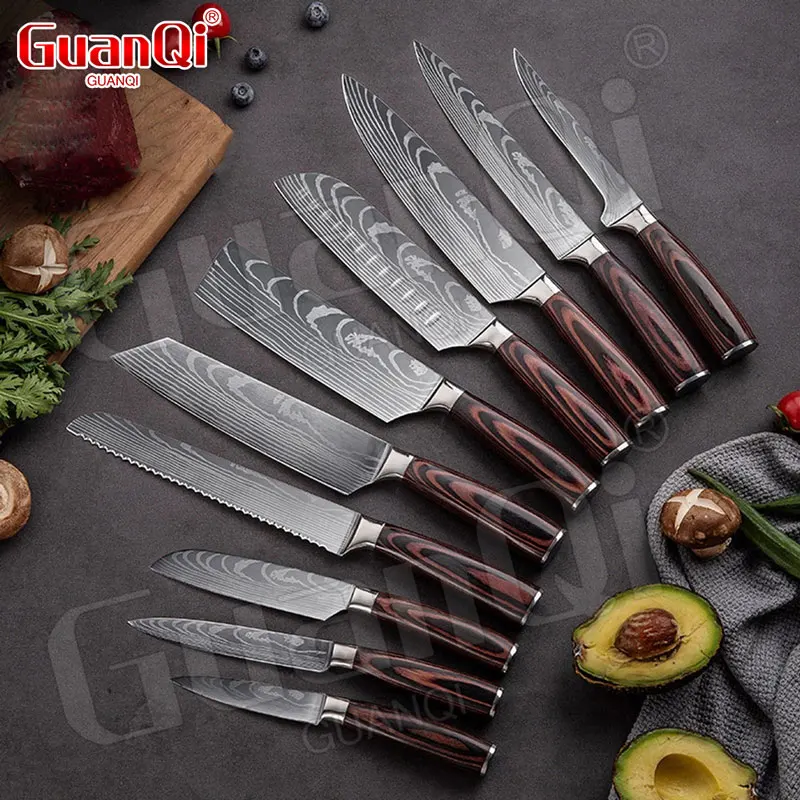 

Professional Kitchen Knives Laser Damascus Pattern Chef Knives High Carbon Stainless Steel Sharp Santoku Cleaver Slicing Knives