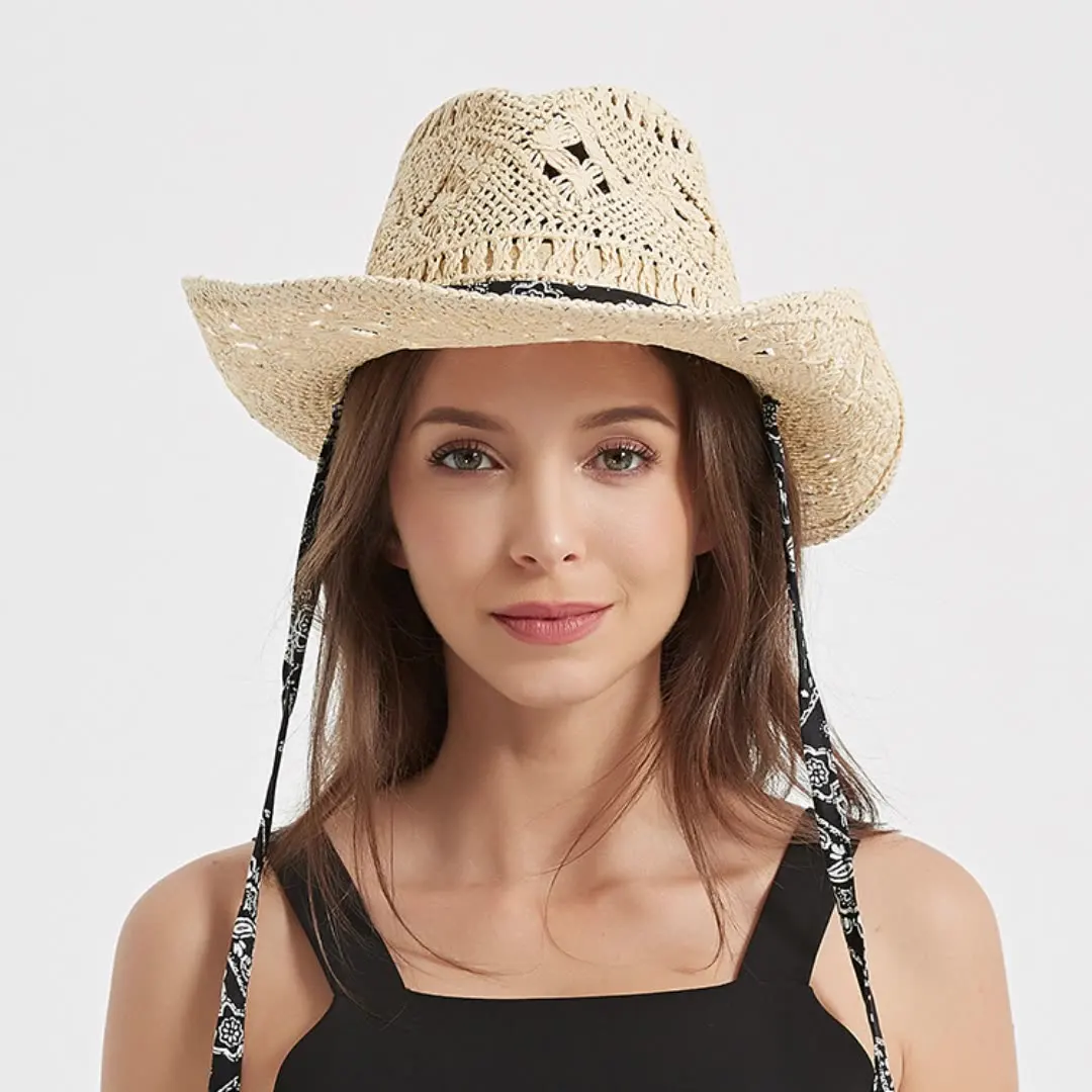 Women's Summer Straw Cowboy Hat Beach Sun Hat UV Protection Natural Handmade Hollow Out Unisex Wide Brim Fishing Climbing Cap