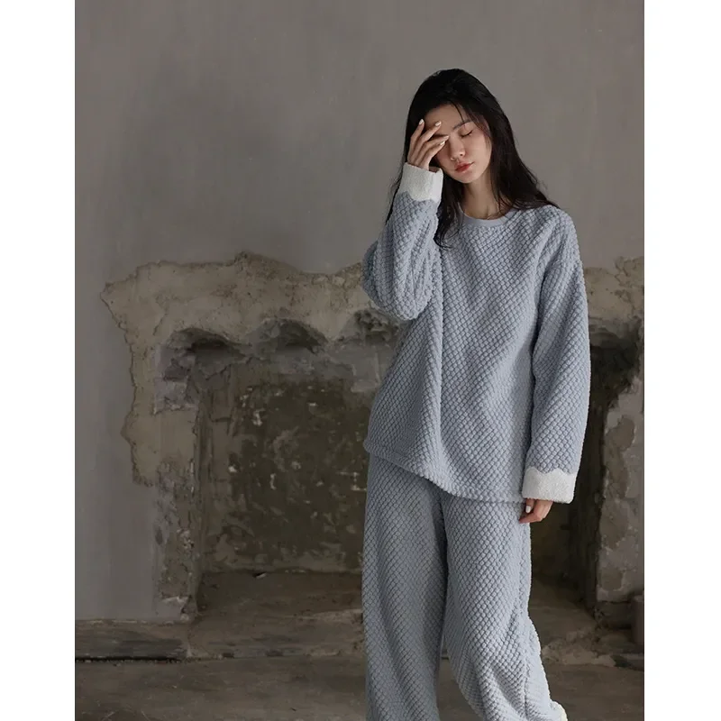 Winter round neck thickened pajamas for women, coral velvet, millet velvet, flannel pullover, simple casual home clothing set