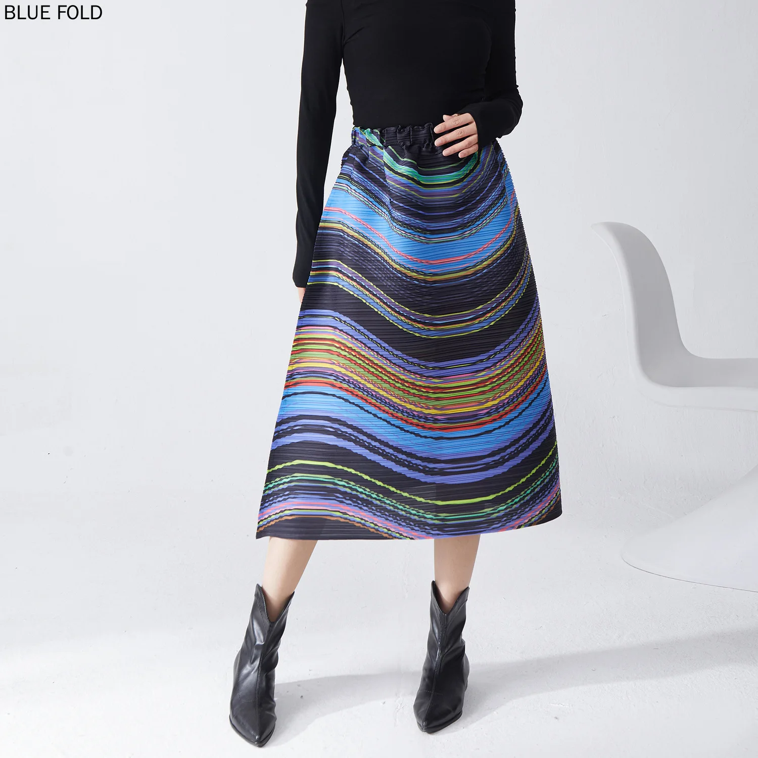 Miyake PLEATS Women's Mid-length Striped Elastic Waist Loose Large Size A-line Skirt Slim Commuting All-match Skirt Trend