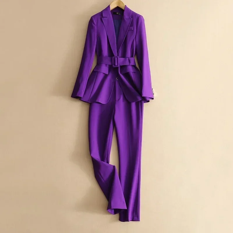 Two Piece Formal Suits Fashion Suit Office Ladies Women\'s Pantsuit Purple Business Classic with Belt Blazer Straight Pants Set