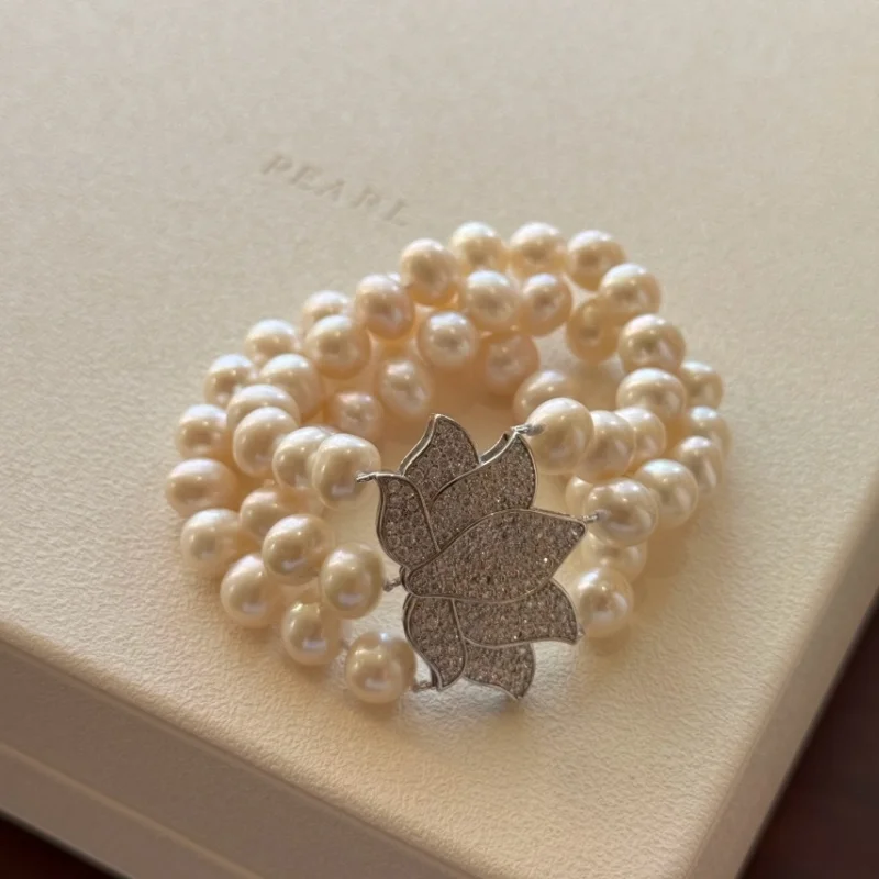 Three strands AAA 9-10mm Natural Authentic South Sea White Pearl Bracelet 18cm Comes as a Birthday Gift