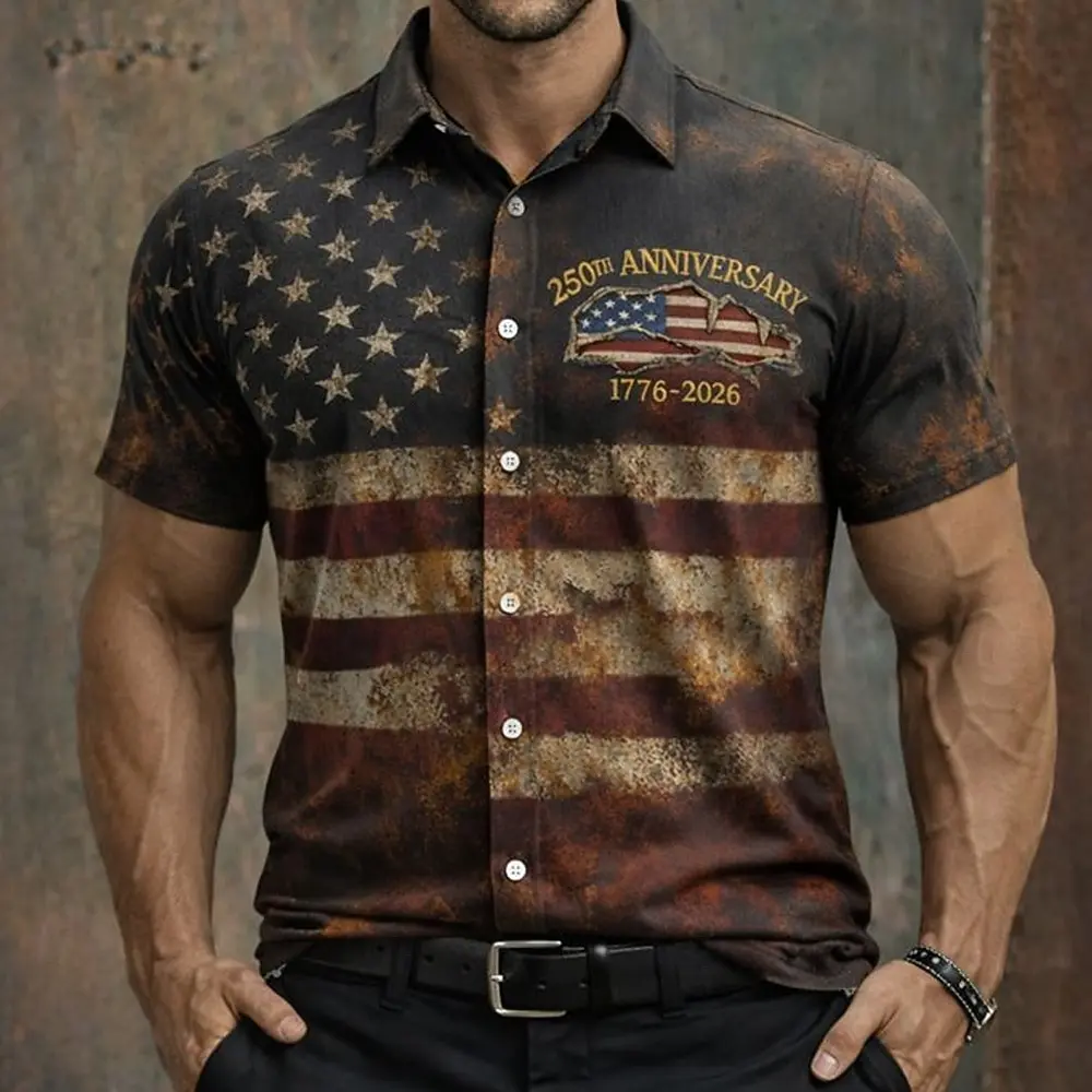 Men's Eagle US Flag America's 250th Anniversary Shirt Western Shirt Button Up Shirt Short Sleeve Patriotic Holiday Summer Spring